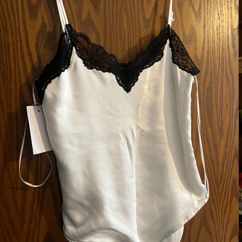 Zara bodysuit white satin with black lace XS